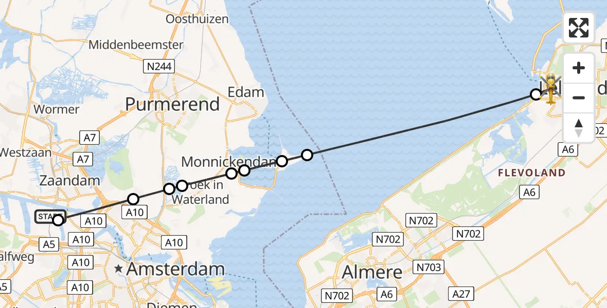 Vluchtroute Traumahelikopter van Amsterdam Heliport naar Lelystad