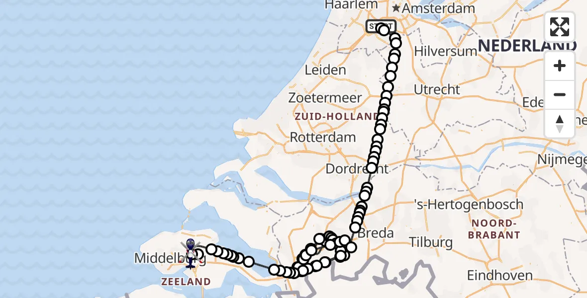 Vluchtroute Politiehelikopter van Amsterdam Vliegveld Schiphol naar Vliegveld Midden-Zeeland