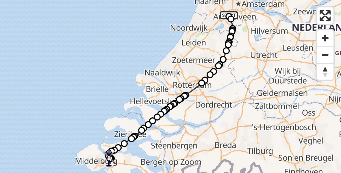 Vluchtroute Politiehelikopter van Amsterdam Vliegveld Schiphol naar Vliegveld Midden-Zeeland
