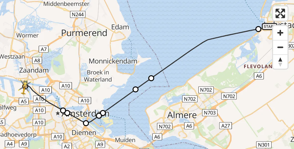 Vluchtroute Traumahelikopter van Lelystad naar Amsterdam Heliport