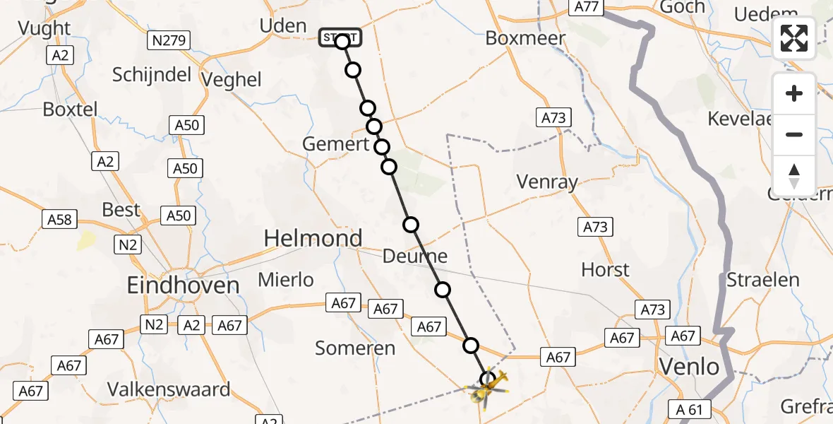 Vluchtroute Traumahelikopter van Vliegbasis Volkel naar Meijel