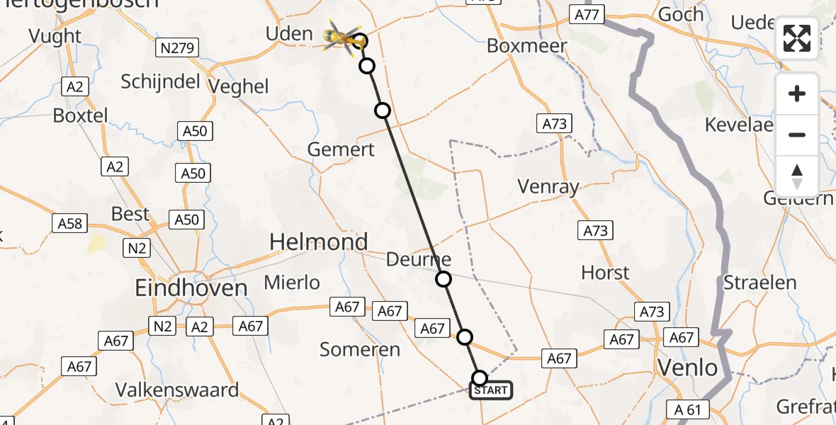 Vluchtroute Traumahelikopter van Meijel naar Vliegbasis Volkel