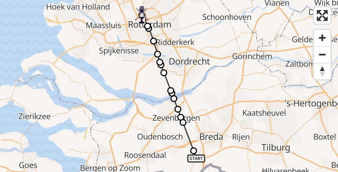 Vluchtroute Politiehelikopter van Rijsbergen naar Rotterdam The Hague Airport