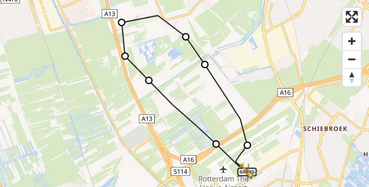 Vluchtroute Traumahelikopter van Rotterdam The Hague Airport naar Rotterdam The Hague Airport