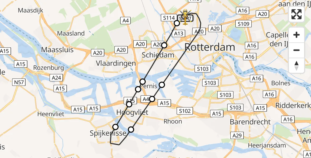 Vluchtroute Traumahelikopter van Rotterdam The Hague Airport naar Rotterdam The Hague Airport