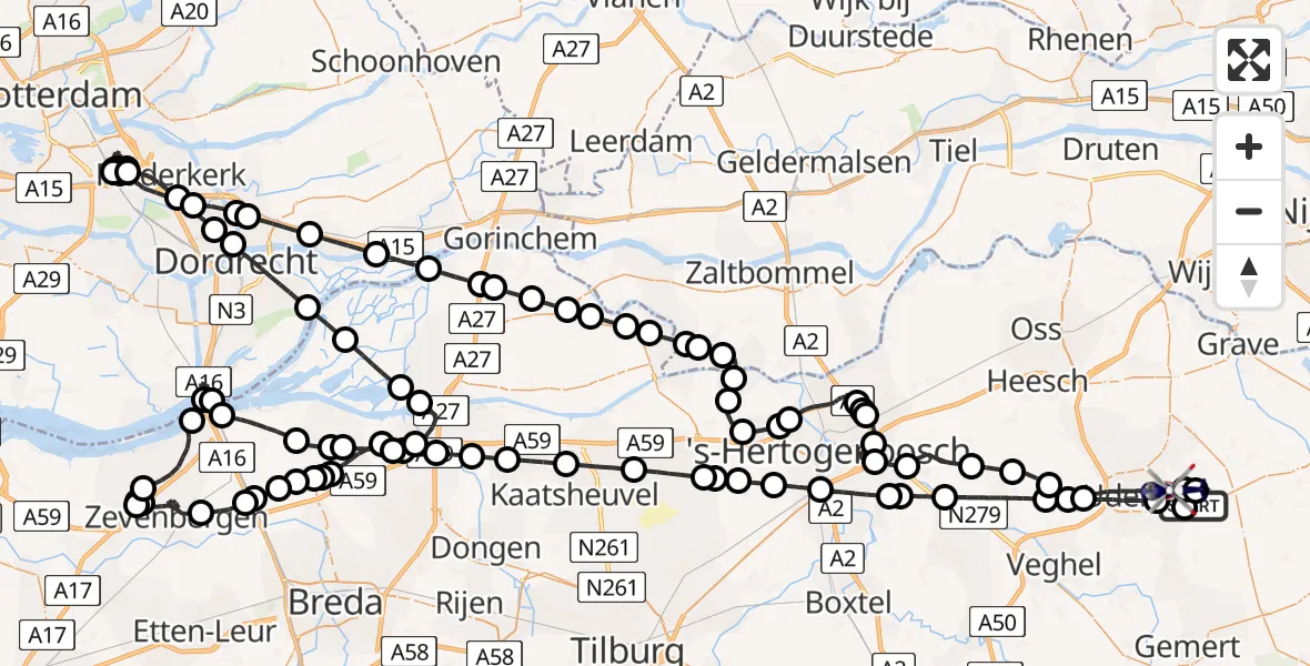 Routekaart van de vlucht: Politiehelikopter naar Volkel, Zeelandsedijk