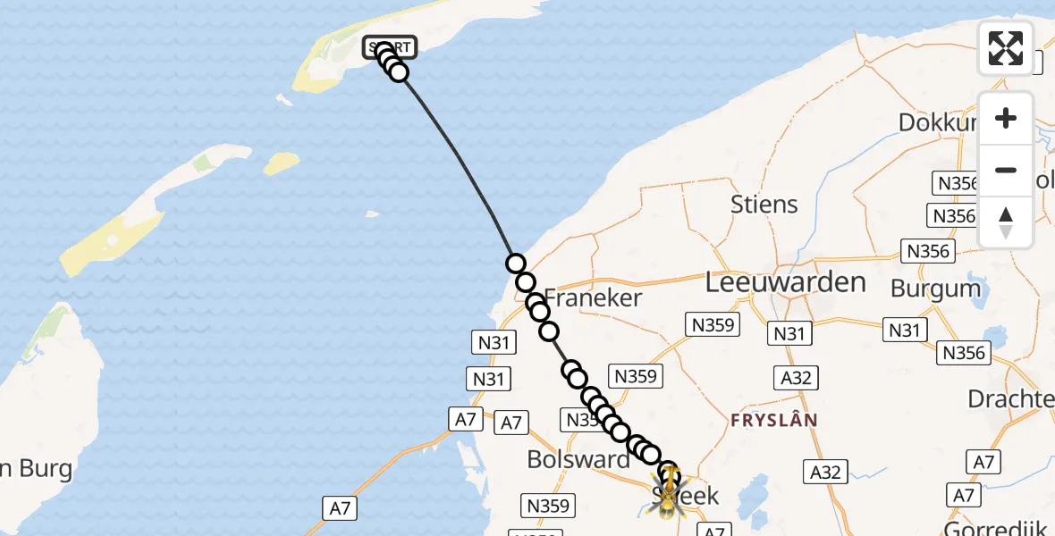 Vluchtroute Ambulancehelikopter van Terschelling Heliport naar Antonius Hospital Heliport