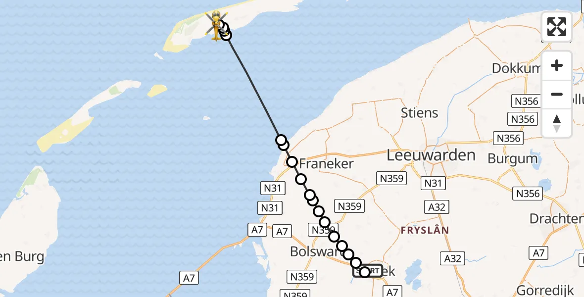 Vluchtroute Ambulancehelikopter van Antonius Hospital Heliport naar Terschelling Heliport