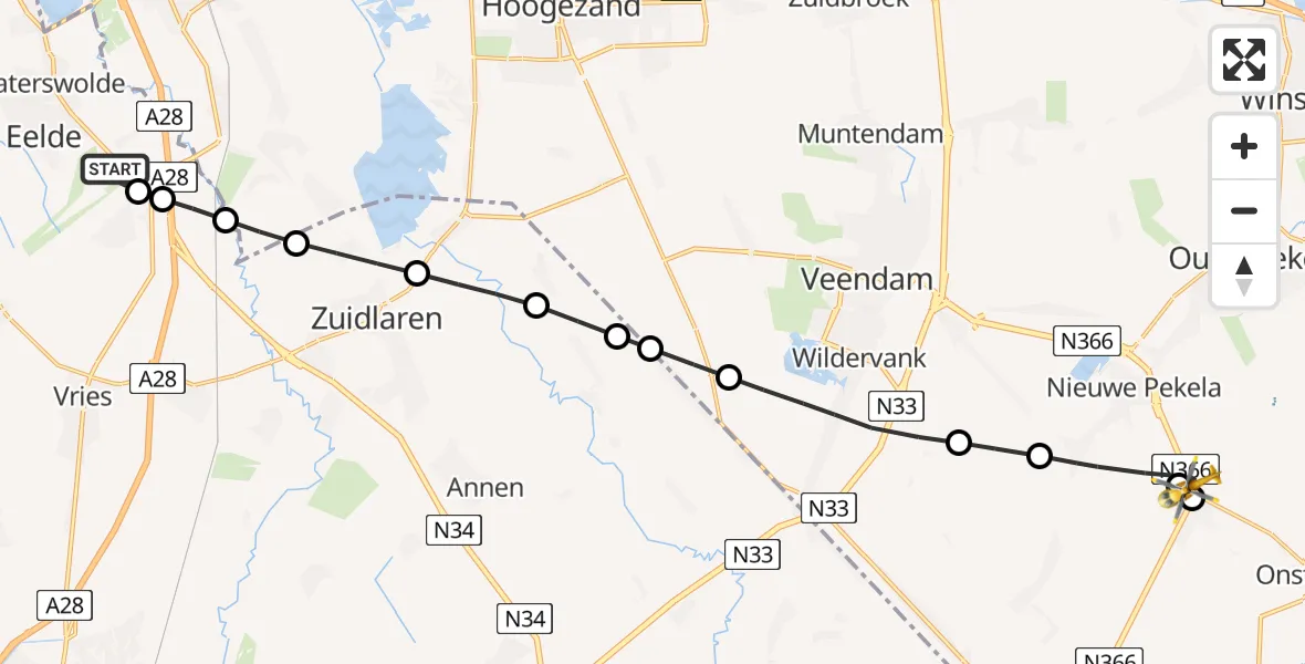 Vluchtroute Traumahelikopter van Groningen Airport Eelde naar Nieuwe Pekela