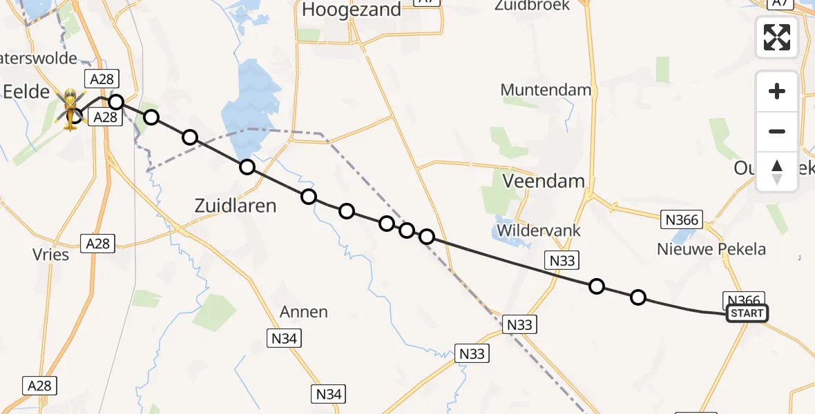 Vluchtroute Traumahelikopter van Nieuwe Pekela naar Groningen Airport Eelde