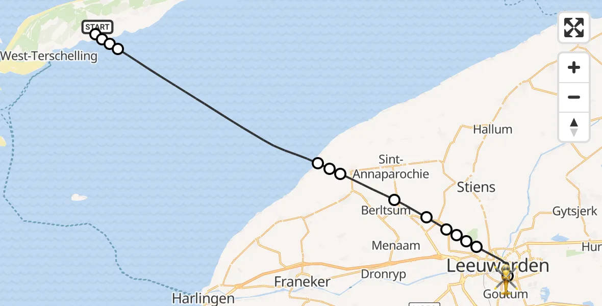 Vluchtroute Ambulancehelikopter van Terschelling Heliport naar Leeuwarden Medical Center Heliport