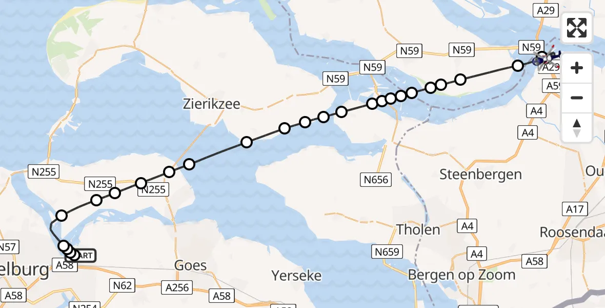 Vluchtroute Politiehelikopter van Vliegveld Midden-Zeeland naar Willemstad