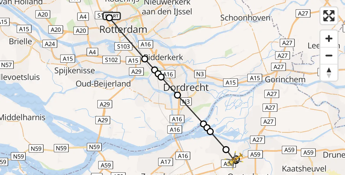 Vluchtroute Traumahelikopter van Rotterdam The Hague Airport naar Made