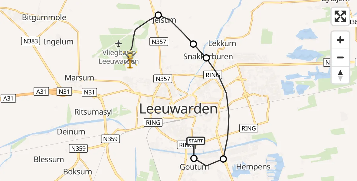 Vluchtroute Ambulancehelikopter van Leeuwarden Medical Center Heliport naar Vliegbasis Leeuwarden