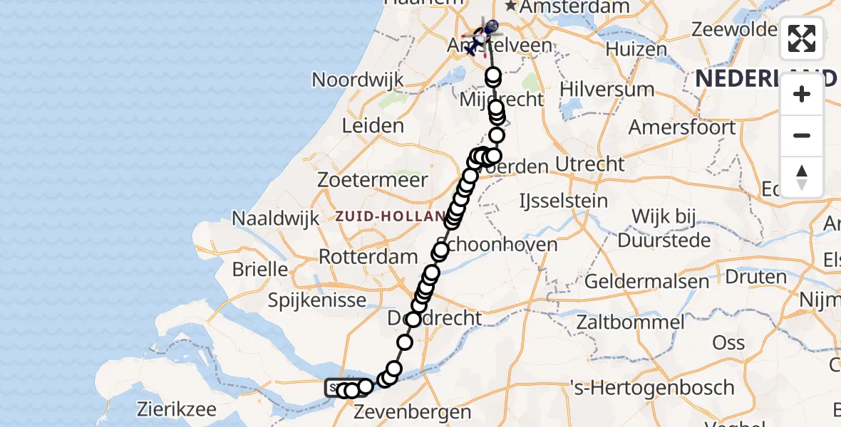 Vluchtroute Politiehelikopter van Willemstad naar Amsterdam Vliegveld Schiphol