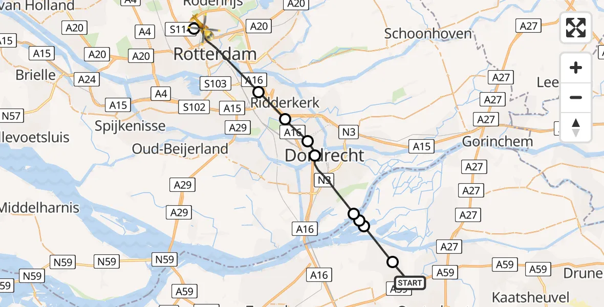 Vluchtroute Traumahelikopter van Made naar Rotterdam