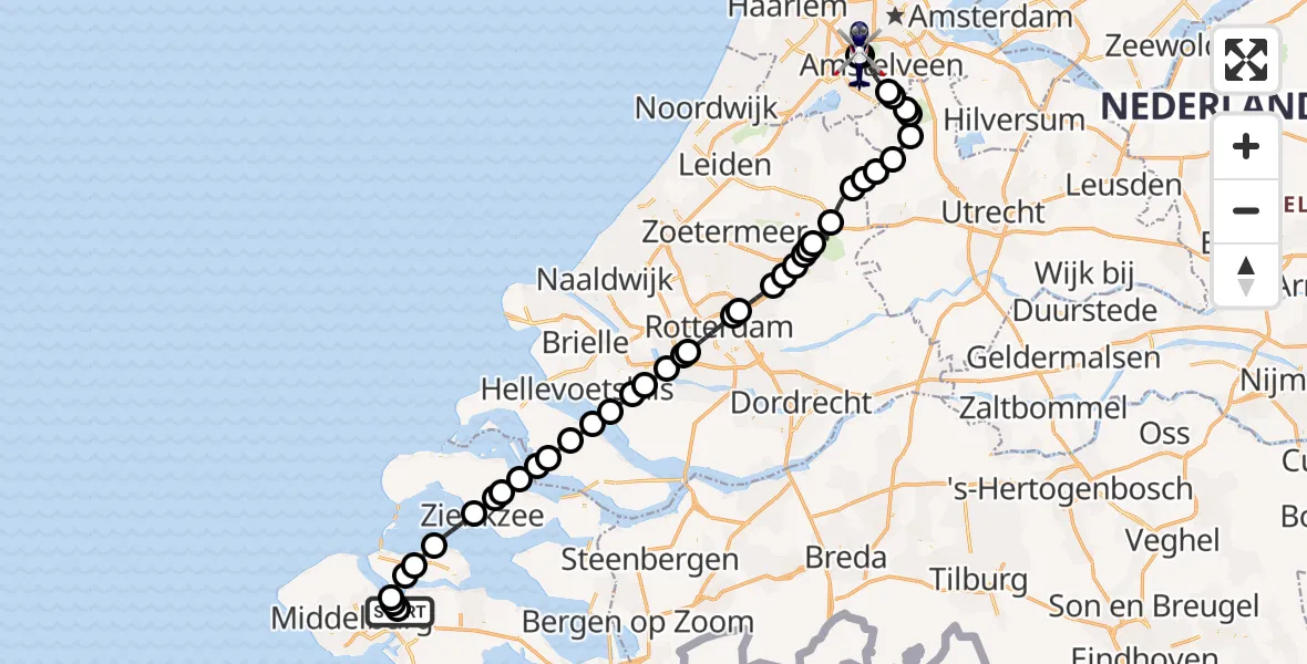 Vluchtroute Politiehelikopter van Vliegveld Midden-Zeeland naar Amsterdam Vliegveld Schiphol
