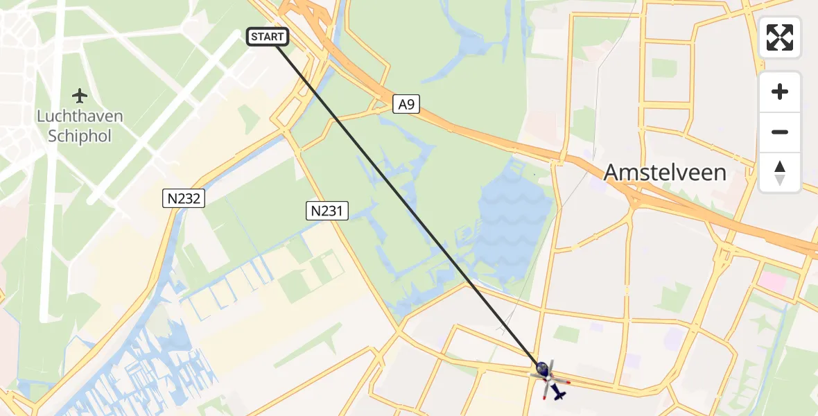 Vluchtroute Politiehelikopter van Amsterdam Vliegveld Schiphol naar Amstelveen