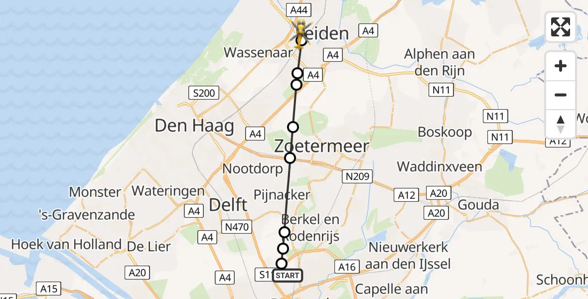 Vluchtroute Traumahelikopter van Rotterdam The Hague Airport naar Leiden