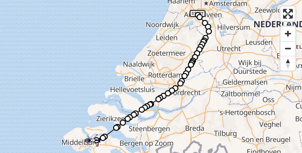 Vluchtroute Politiehelikopter van Amsterdam Vliegveld Schiphol naar 's-Heer Arendskerke