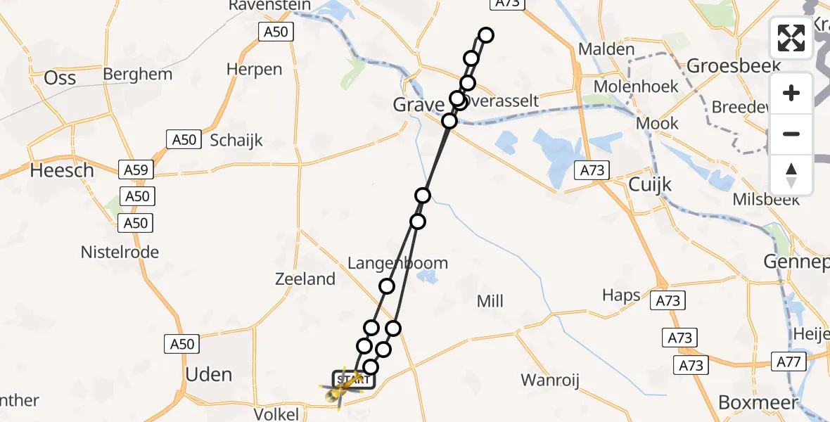 Vluchtroute Traumahelikopter van Vliegbasis Volkel naar Vliegbasis Volkel