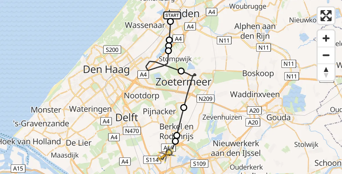 Vluchtroute Traumahelikopter van Leiden naar Rotterdam The Hague Airport