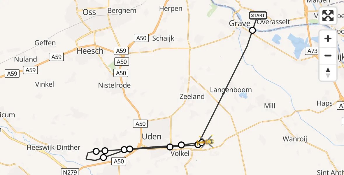 Vluchtroute Traumahelikopter van Nederasselt naar Vliegbasis Volkel