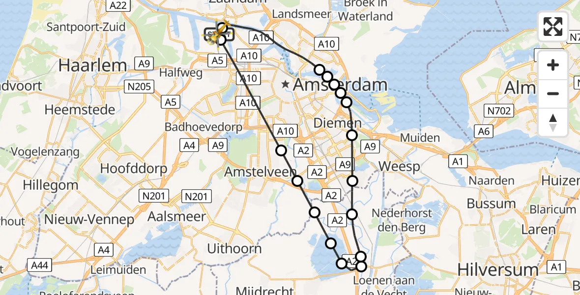Vluchtroute Traumahelikopter van Amsterdam Heliport naar Amsterdam Heliport