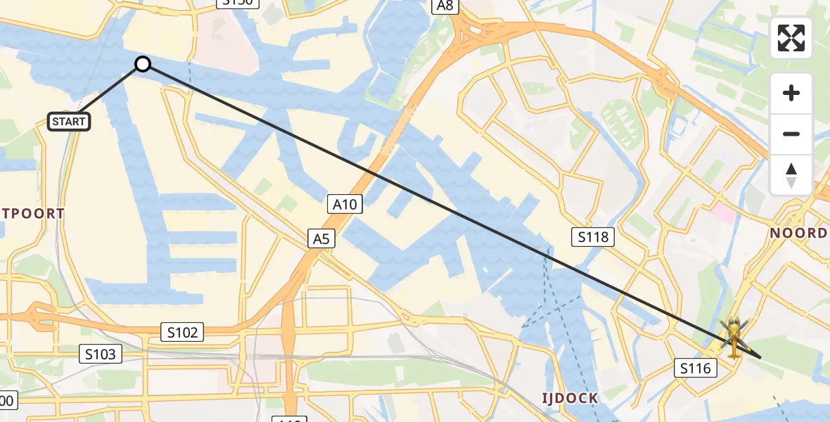 Vluchtroute Traumahelikopter van Amsterdam Heliport naar Amsterdam