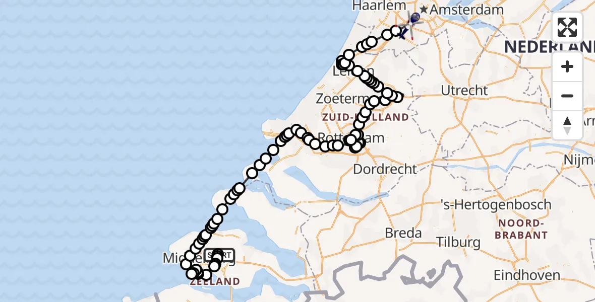 Vluchtroute Politiehelikopter van Vliegveld Midden-Zeeland naar Amsterdam Vliegveld Schiphol