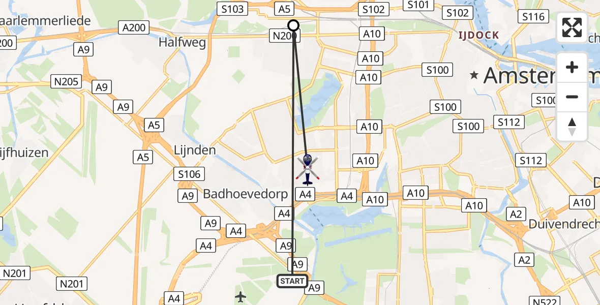 Vluchtroute Politiehelikopter van Amsterdam Vliegveld Schiphol naar Amsterdam