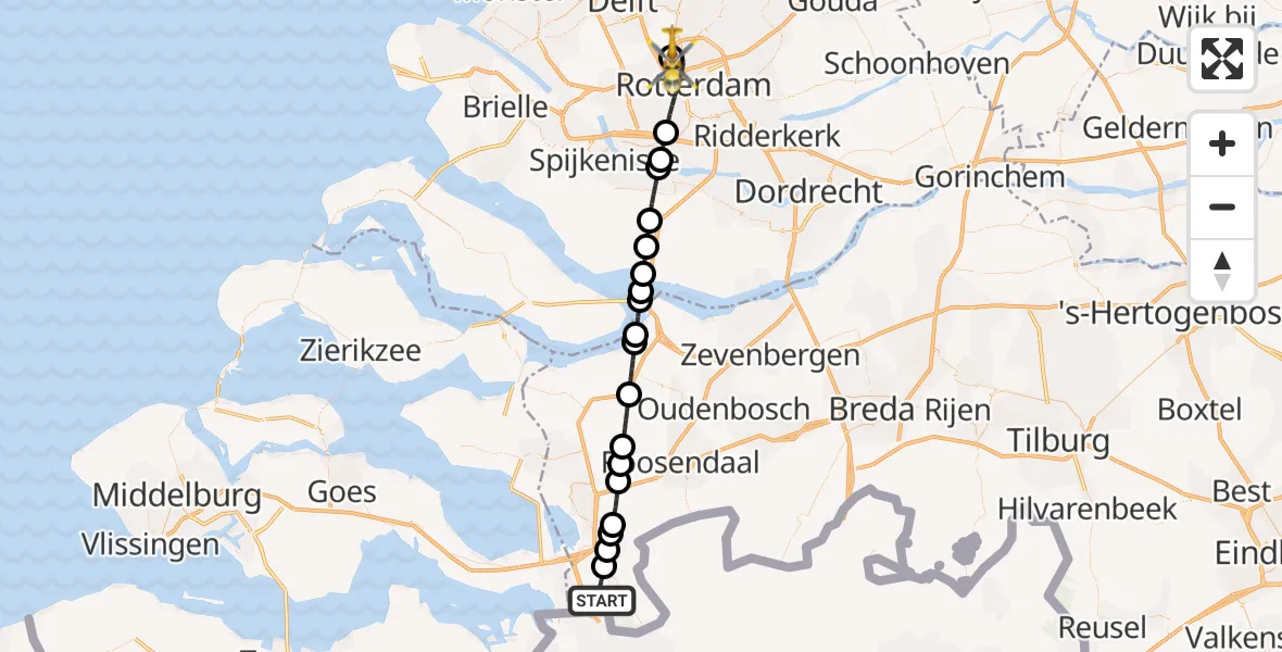 Vluchtroute Traumahelikopter van Ossendrecht naar Rotterdam The Hague Airport