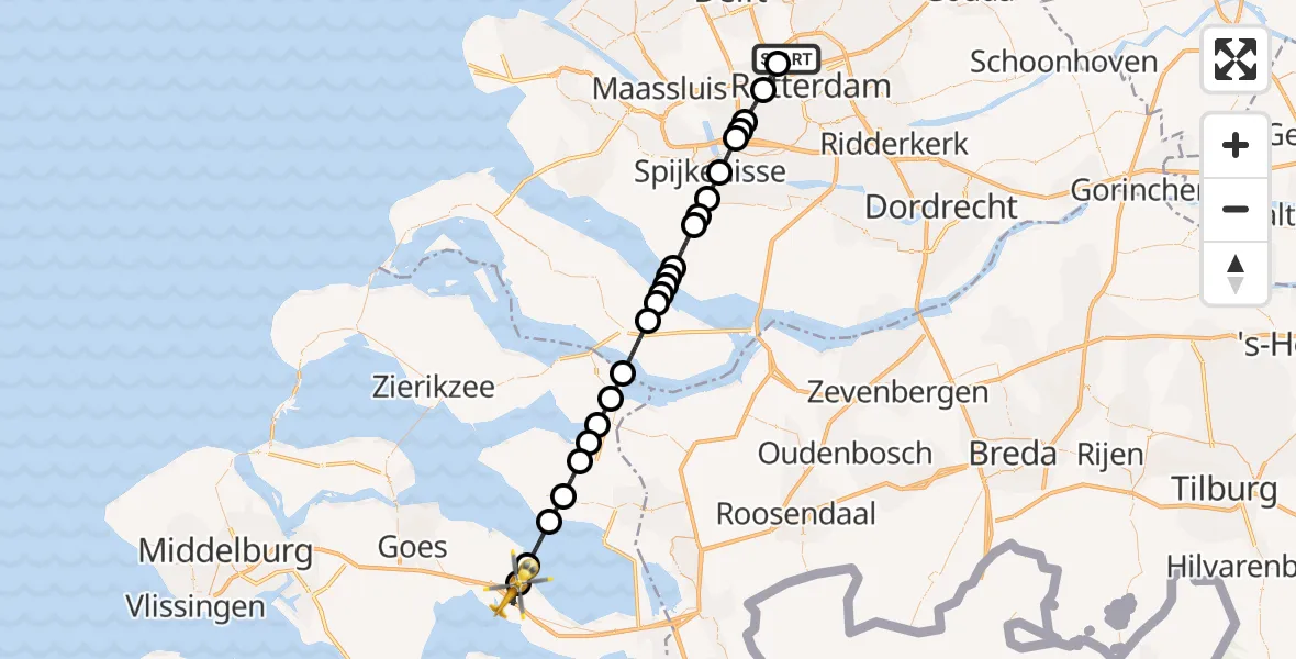Vluchtroute Traumahelikopter van Rotterdam The Hague Airport naar Kruiningen