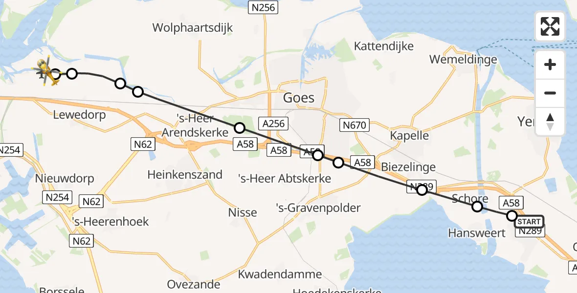 Vluchtroute Traumahelikopter van Kruiningen naar Vliegveld Midden-Zeeland