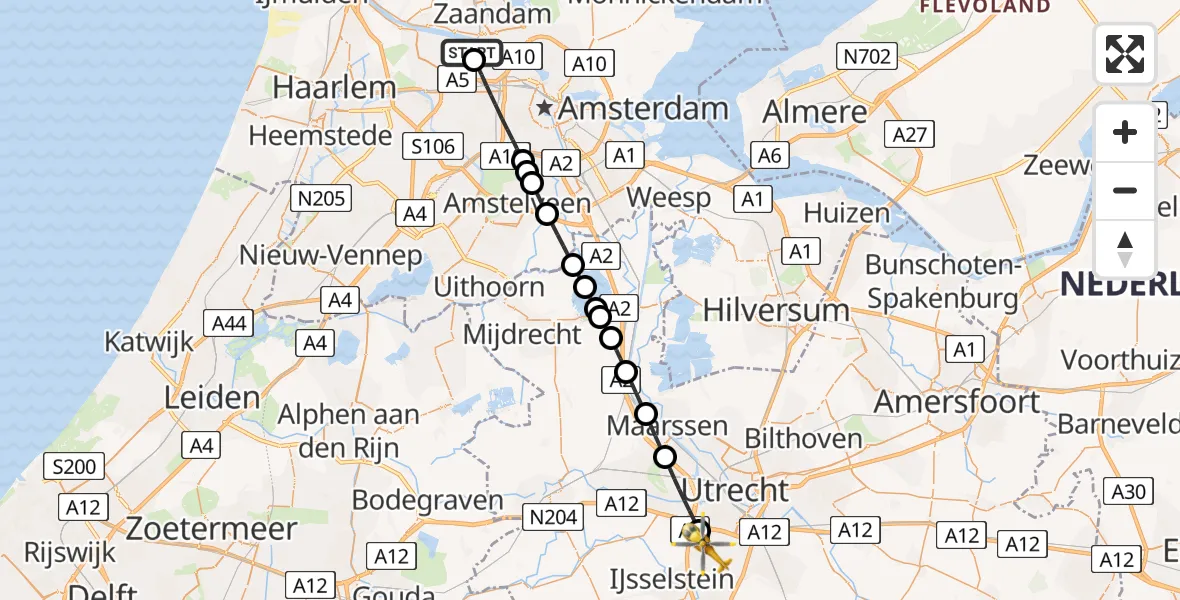 Vluchtroute Traumahelikopter van Amsterdam Heliport naar Nieuwegein