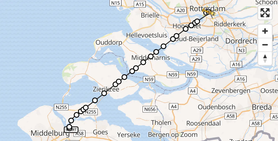 Vluchtroute Traumahelikopter van Vliegveld Midden-Zeeland naar Rotterdam