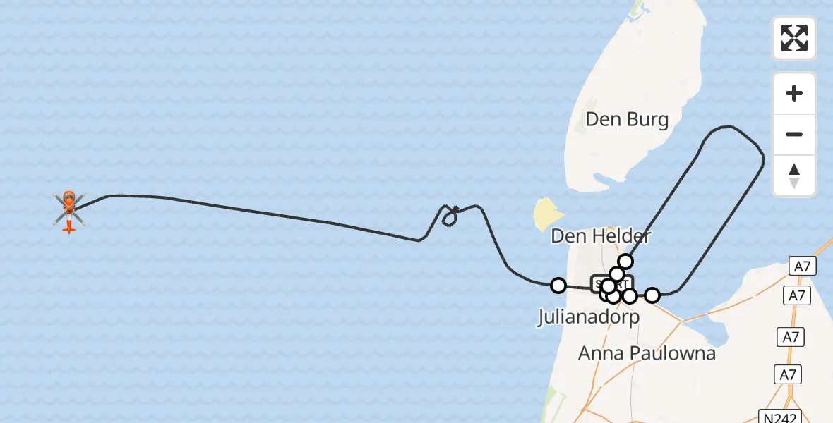 Vluchtroute Kustwachthelikopter van Militair vliegveld De Kooy / Den Helder Airport naar Noordzee