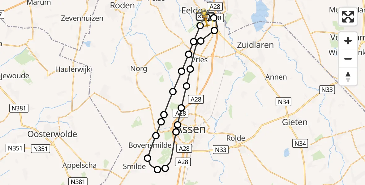 Vluchtroute Traumahelikopter van Groningen Airport Eelde naar Groningen Airport Eelde