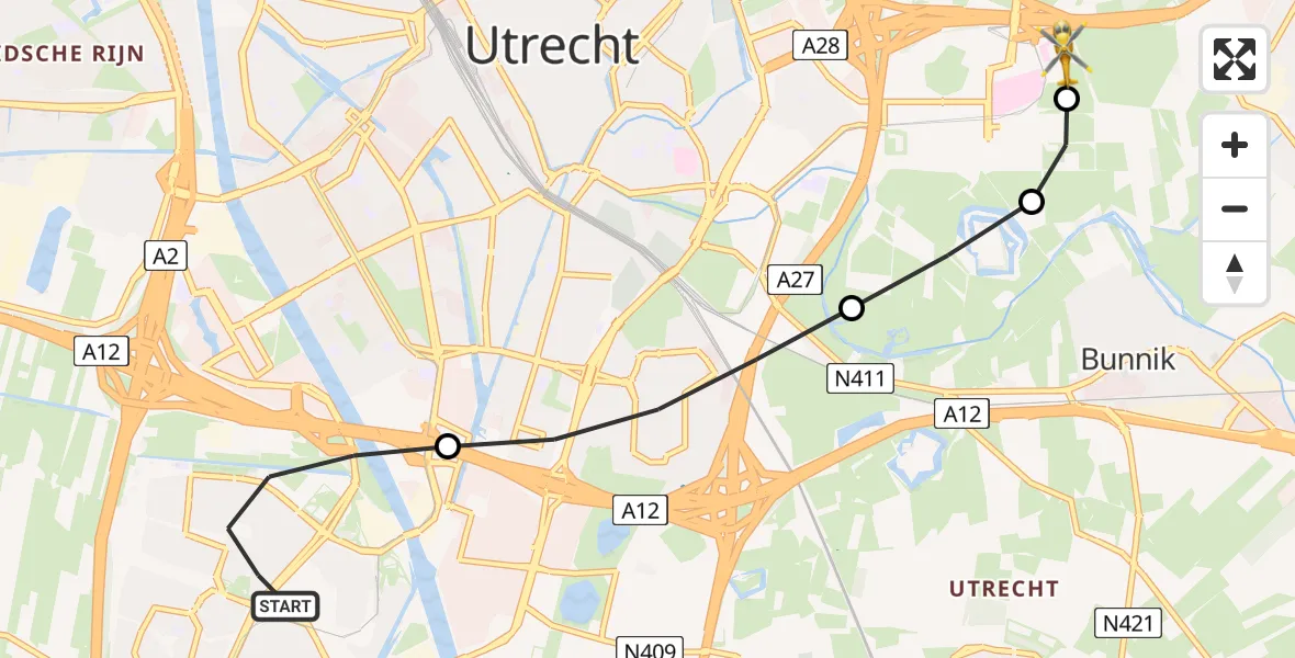 Vluchtroute Traumahelikopter van Nieuwegein naar University Medical Center Utrecht Heliport