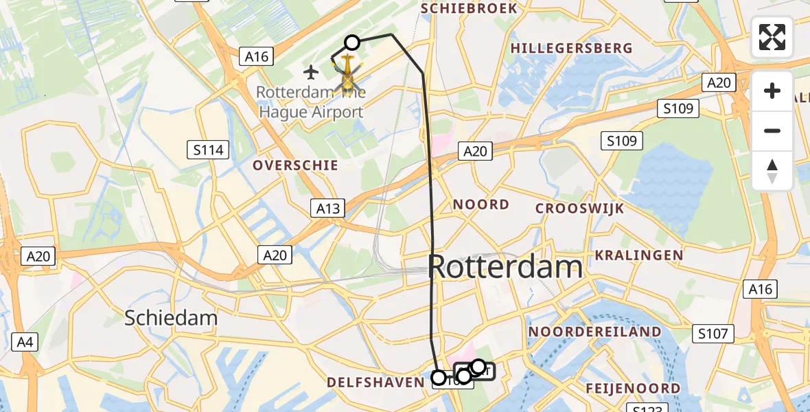Vluchtroute Traumahelikopter van Erasmus MC naar Rotterdam The Hague Airport
