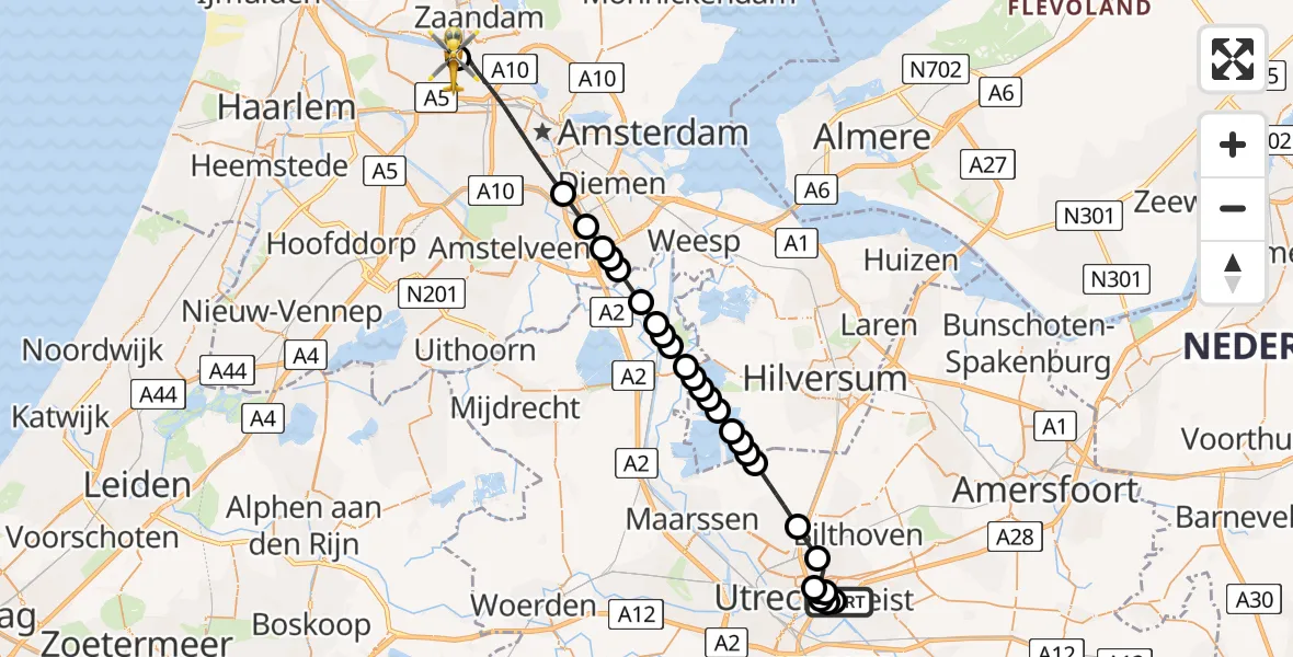 Vluchtroute Traumahelikopter van University Medical Center Utrecht Heliport naar Amsterdam Heliport
