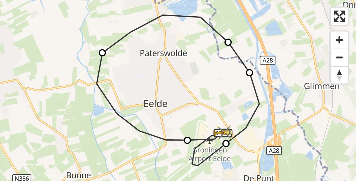 Vluchtroute Traumahelikopter van Groningen Airport Eelde naar Groningen Airport Eelde