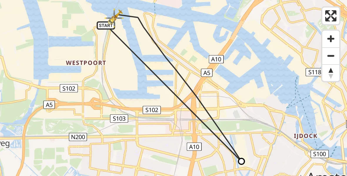Vluchtroute Traumahelikopter van Amsterdam Heliport naar Amsterdam Heliport