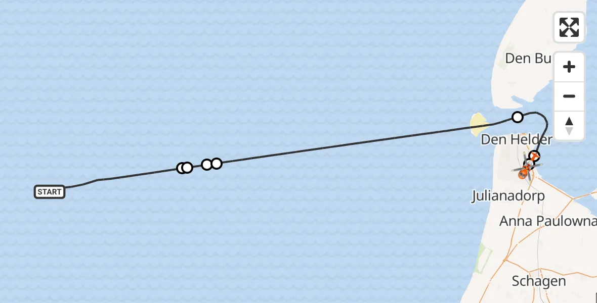 Vluchtroute Kustwachthelikopter van Noordzee naar Militair vliegveld De Kooy / Den Helder Airport