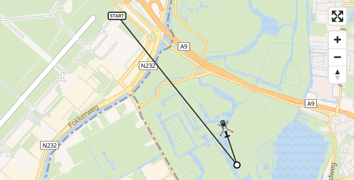 Vluchtroute Politiehelikopter van Amsterdam Vliegveld Schiphol naar Amstelveen