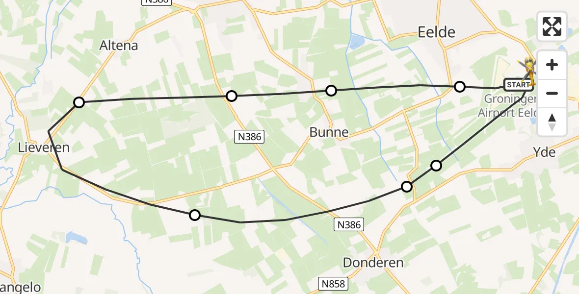 Vluchtroute Traumahelikopter van Groningen Airport Eelde naar Groningen Airport Eelde