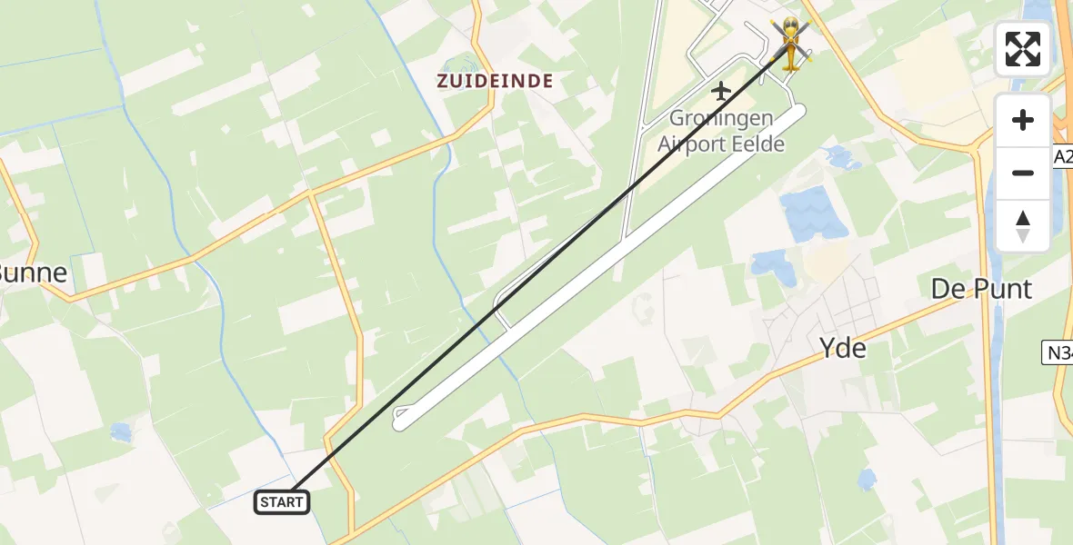 Vluchtroute Traumahelikopter van Groningen Airport Eelde naar Groningen Airport Eelde