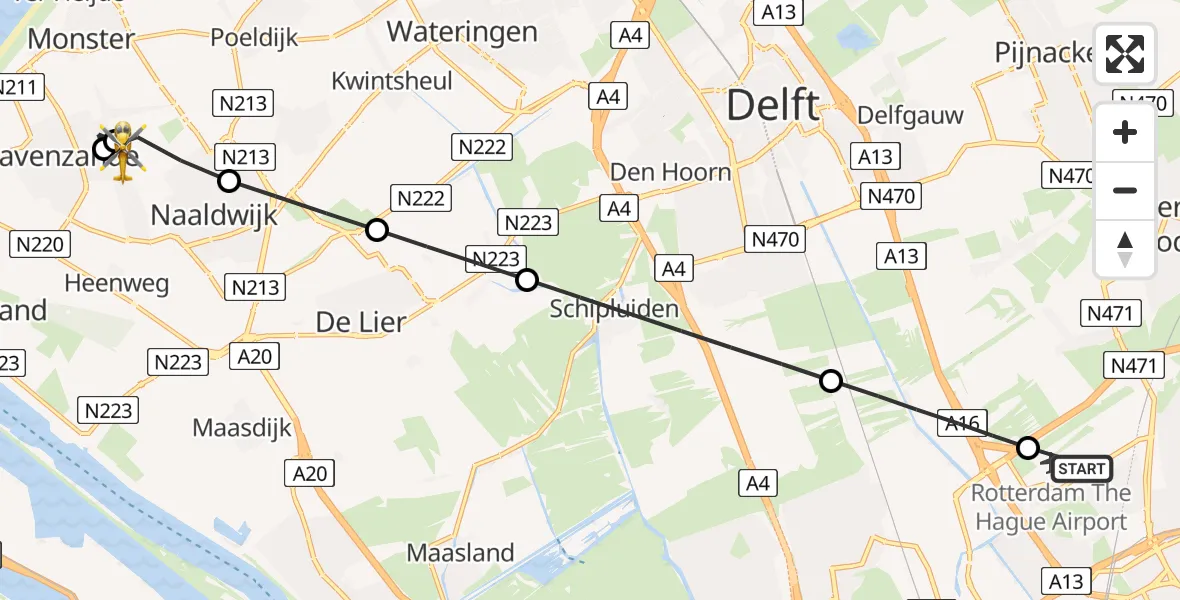 Vluchtroute Traumahelikopter van Rotterdam The Hague Airport naar Naaldwijk