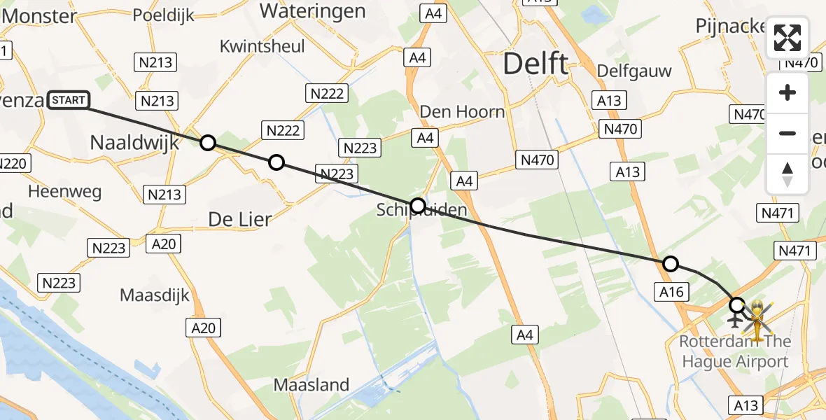Vluchtroute Traumahelikopter van Naaldwijk naar Rotterdam The Hague Airport