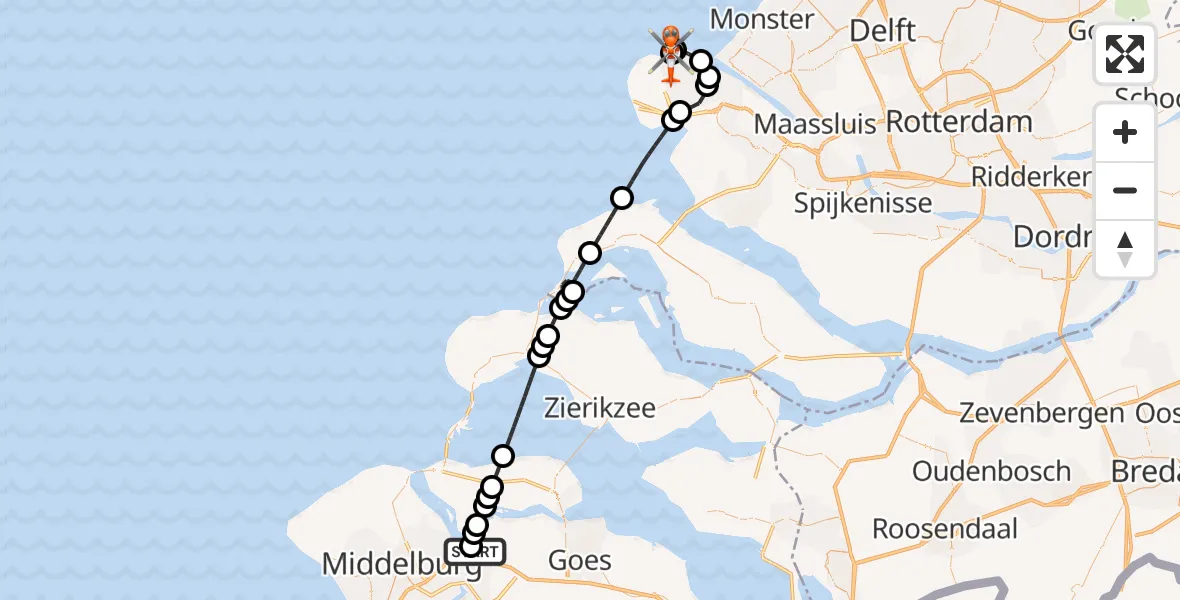 Vluchtroute Kustwachthelikopter van Vliegveld Midden-Zeeland naar Maasvlakte Rotterdam